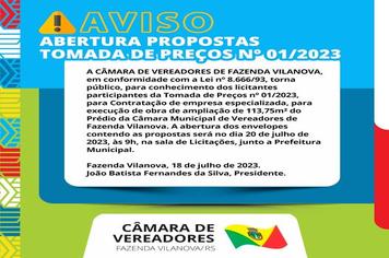 AVISO - ABERTURA DE PROPOSTAS - TOMADA DE PREÇOS Nº 01/20223
